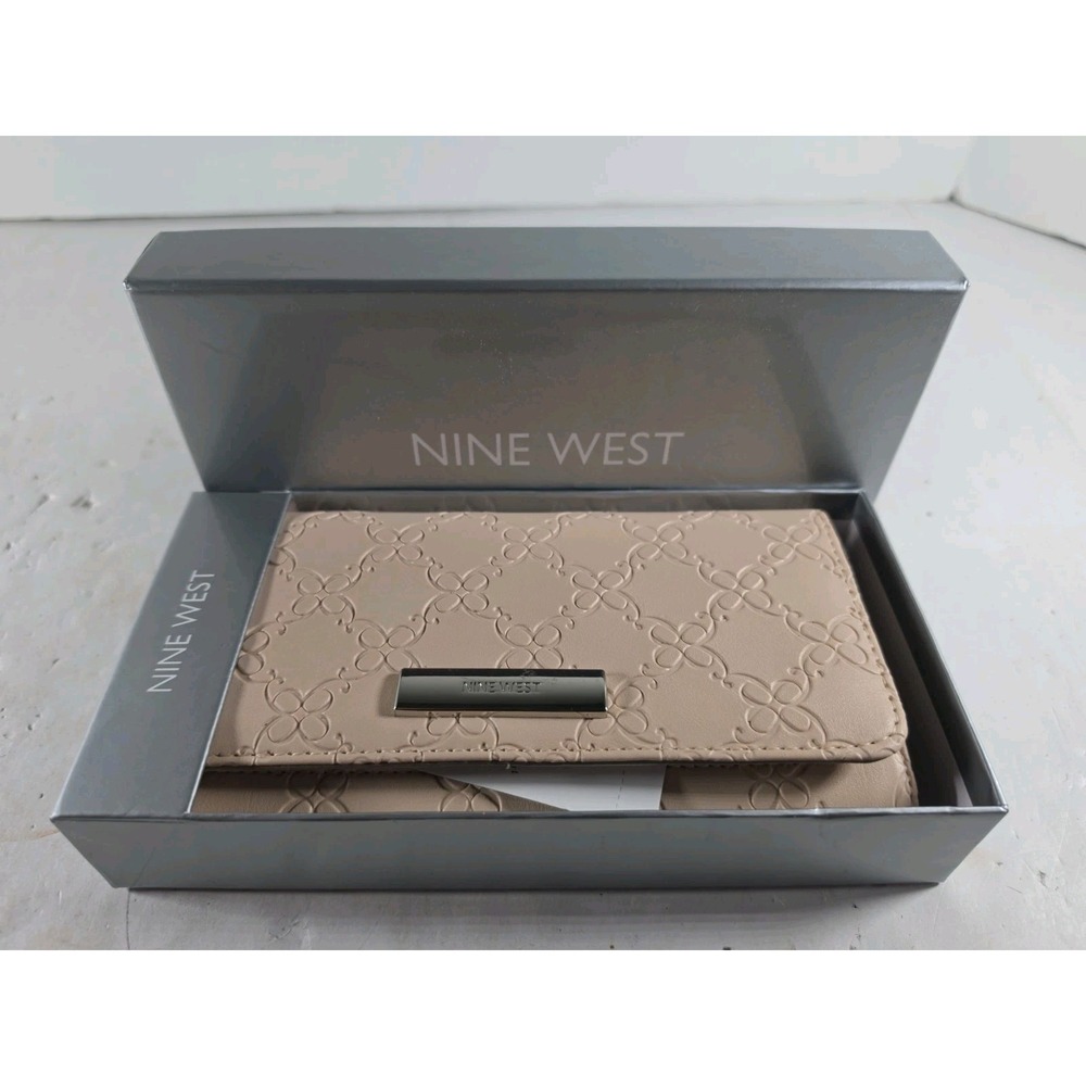 NWT Nine West Whitley SLG Flap Wallet Buff Beige Embossed Logo Metallic Silver